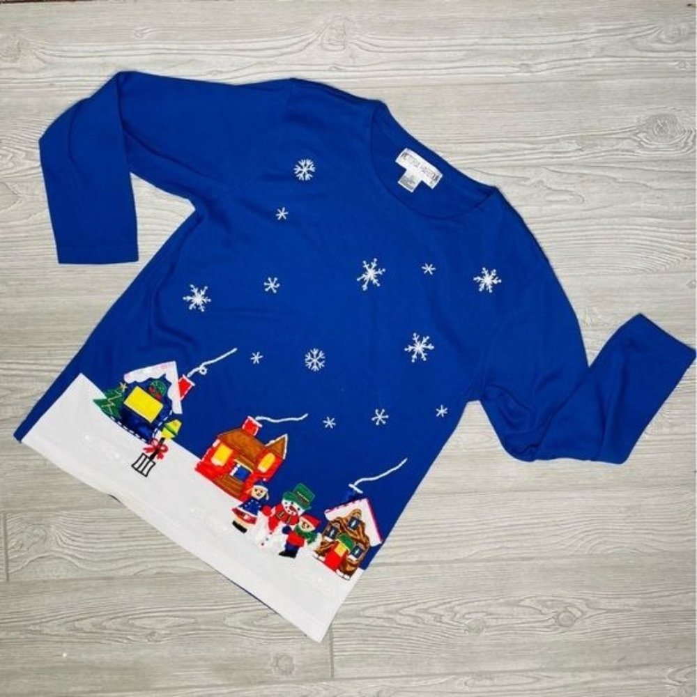 Vintage Victoria harbor village scene Christmas sweater medium sequin beaded